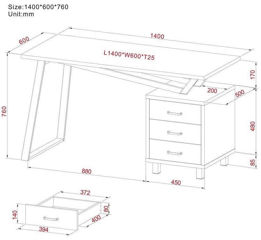Computer desk with modern design with three drawers Oak - Techly ICA-TB 3533 O
