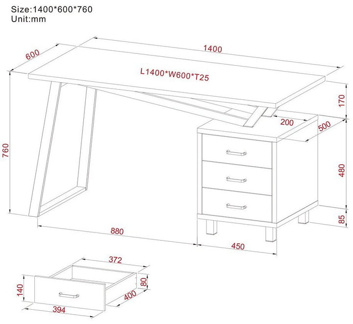 Scrivania per computer con tre cassetti, area 1400x600 mm, finitura bianco/quercia - Techly ICA-TB 3533O