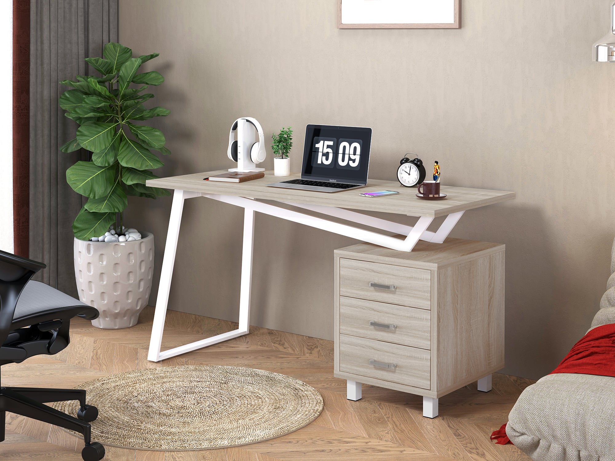 Computer desk with modern design with three drawers Oak - Techly ICA-TB 3533 O