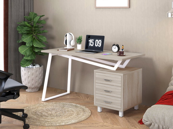 Scrivania per computer con tre cassetti, area 1400x600 mm, finitura bianco/quercia - Techly ICA-TB 3533O