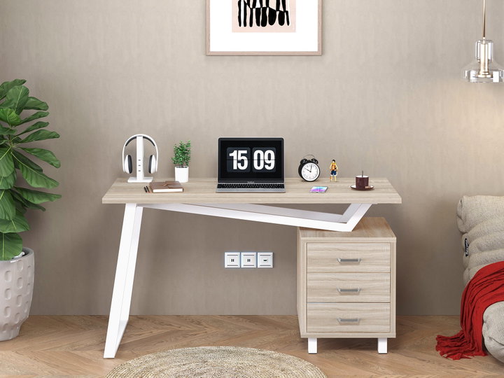 Scrivania per computer con tre cassetti, area 1400x600 mm, finitura bianco/quercia - Techly ICA-TB 3533O