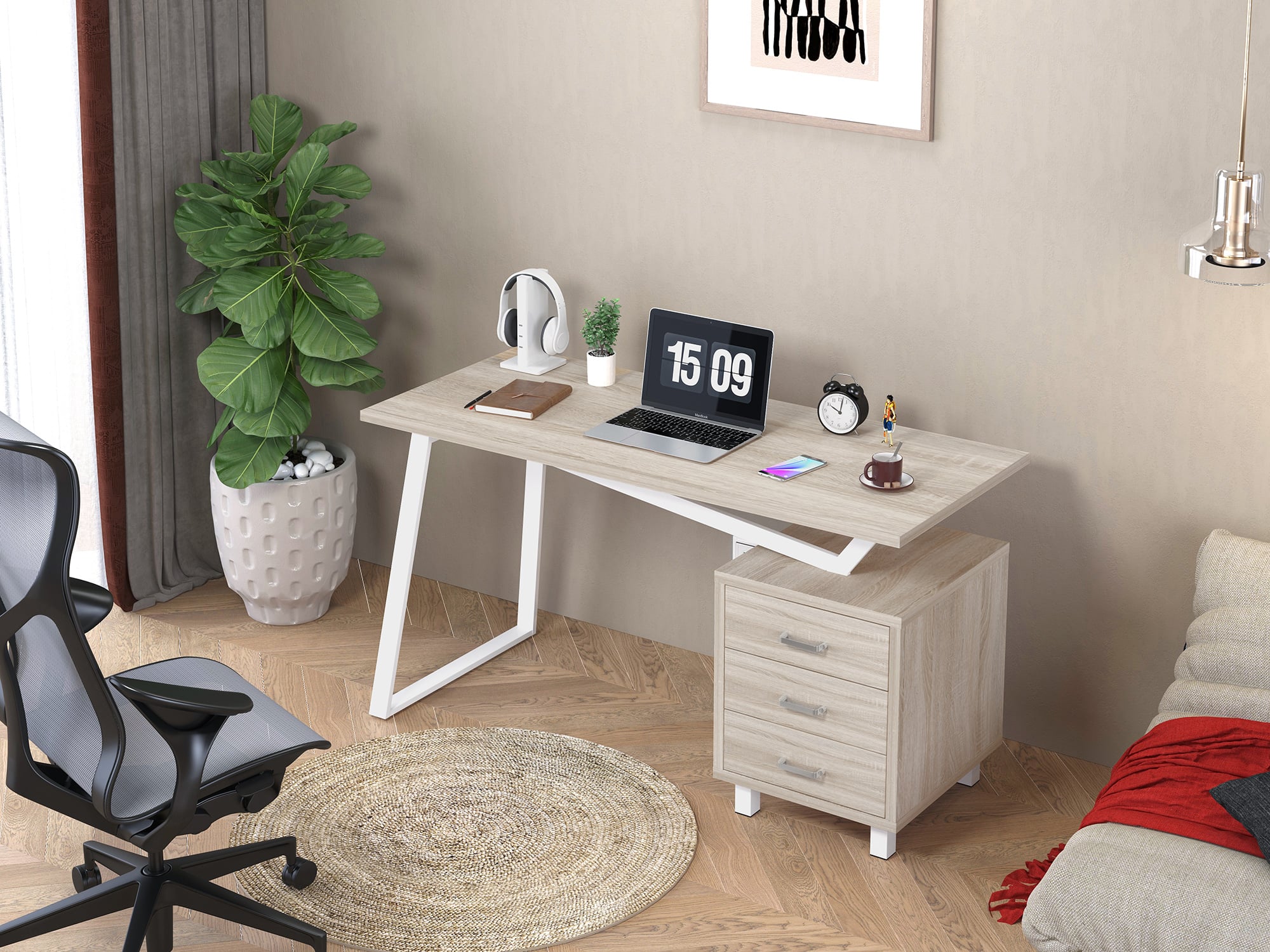 Computer desk with modern design with three drawers Oak - Techly ICA-TB 3533 O