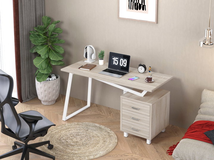 Scrivania per computer con tre cassetti, area 1400x600 mm, finitura bianco/quercia - Techly ICA-TB 3533O