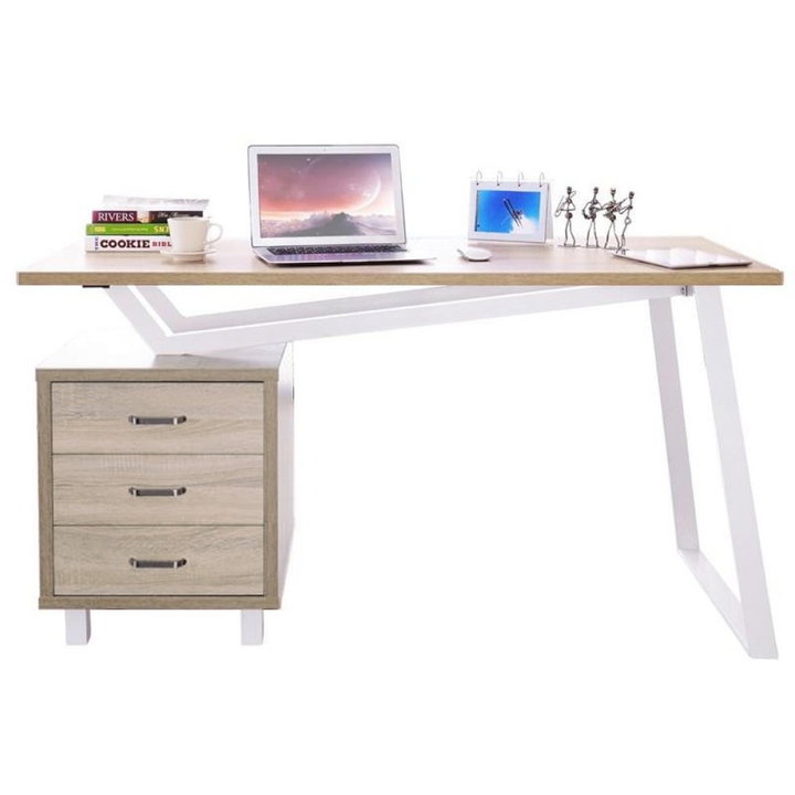 Scrivania per computer con tre cassetti, area 1400x600 mm, finitura bianco/quercia - Techly ICA-TB 3533O