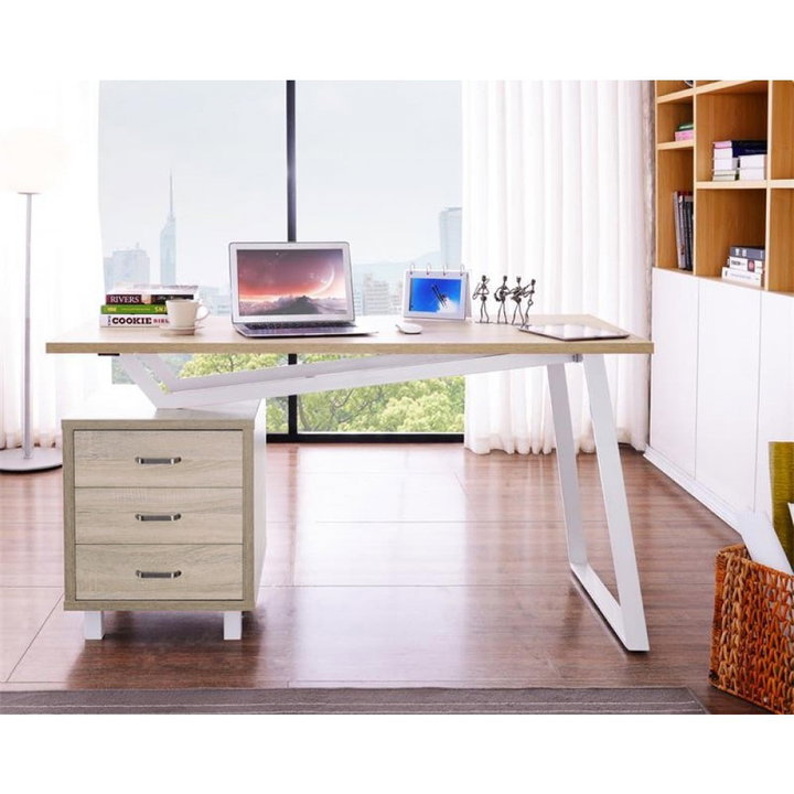Scrivania per computer con tre cassetti, area 1400x600 mm, finitura bianco/quercia - Techly ICA-TB 3533O