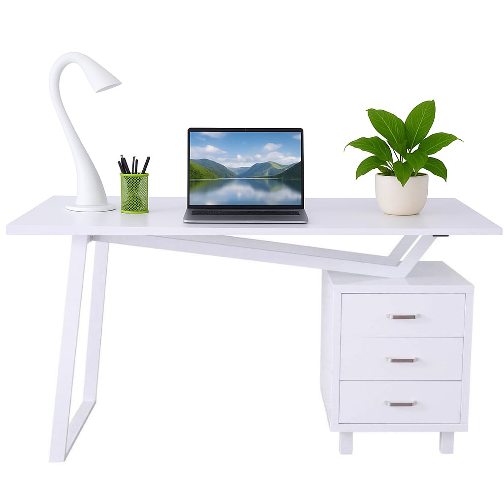 Computer Desk with Three White Opaque Drawers Wood Effect - Techly ICA-TB 3533 W