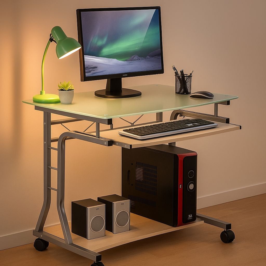 Scrivania per PC Compatta in Metallo e Vetro con Ruote - Techly ICA-TB 3791A