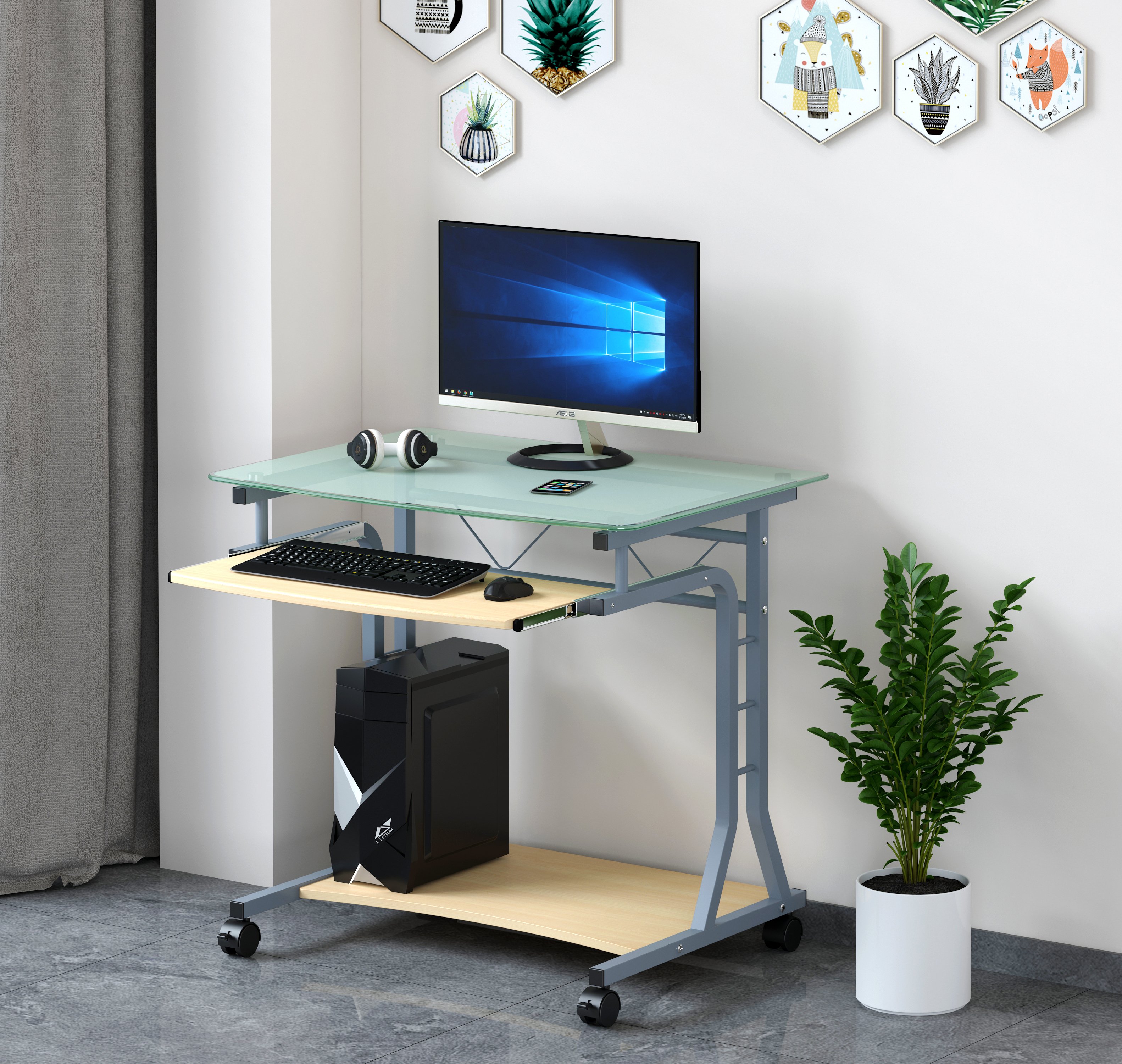 Scrivania per PC Compatta in Metallo e Vetro con Ruote - Techly ICA-TB 3791A