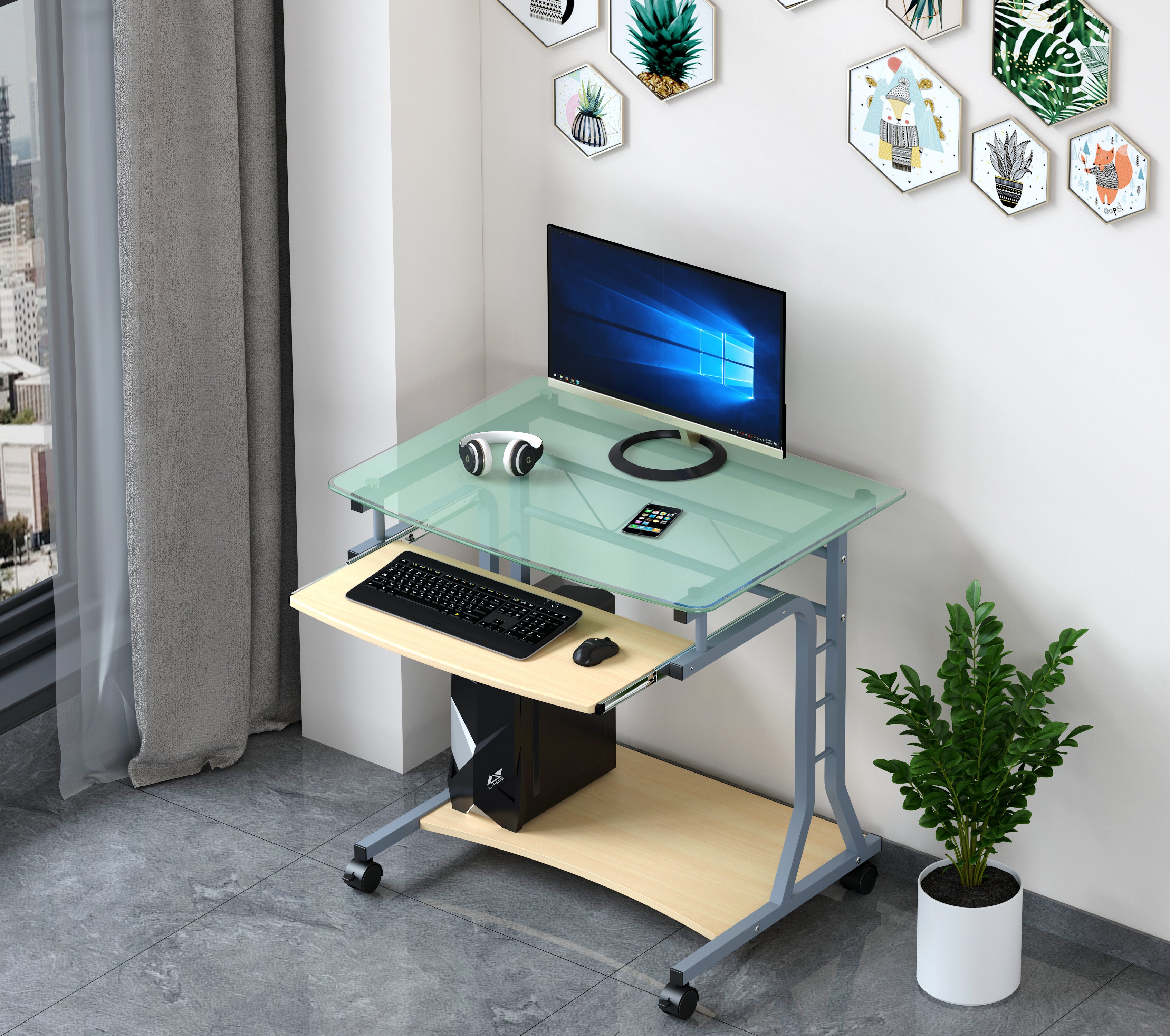 Scrivania per PC Compatta in Metallo e Vetro con Ruote - Techly ICA-TB 3791A