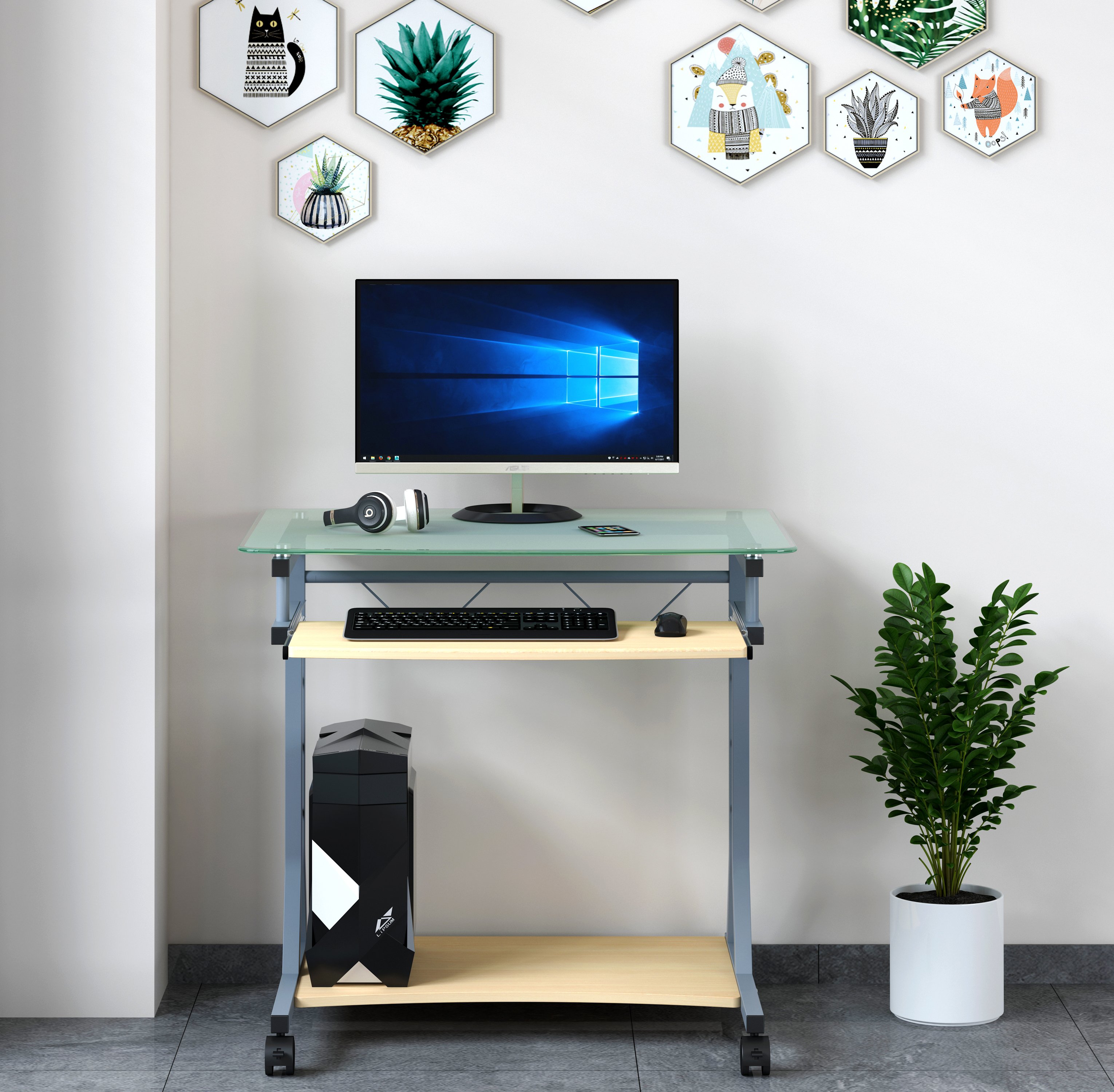 Scrivania per PC Compatta in Metallo e Vetro con Ruote - Techly ICA-TB 3791A