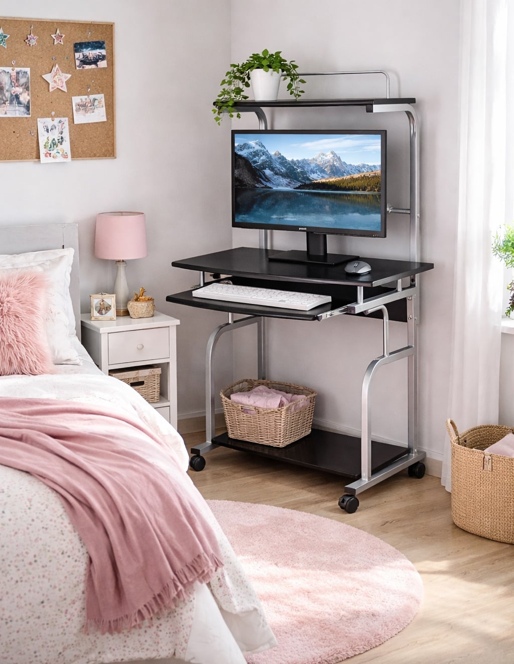 Scrivania Mobile per PC Stampante con Tastiera Estraibile Nero Lucido - Techly ICA-TB 7800BK