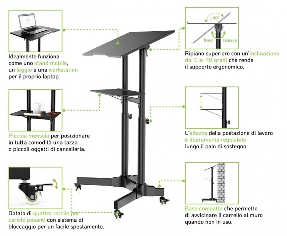 Postazione di Lavoro Supporto Laptop con Mensola Altezza Regolabile - Techly ICA-TB TPM-1BK