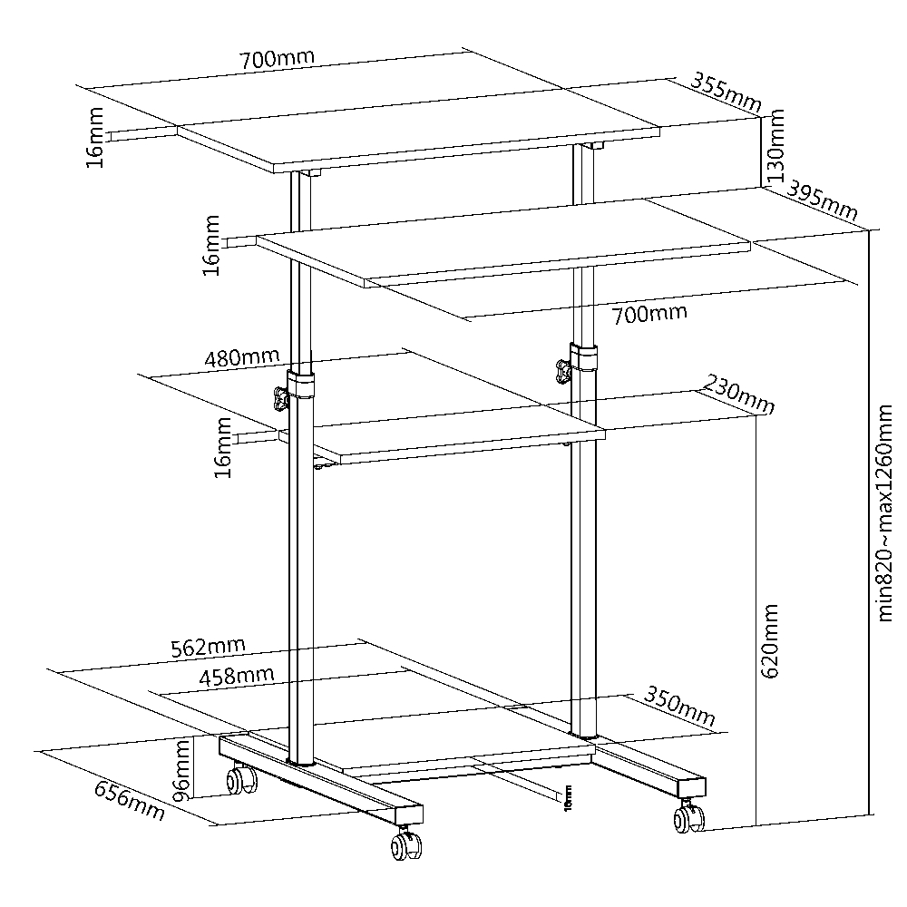 Postazione di Lavoro Carrello PC Laptop con Mensole Altezza Regolabile - Techly ICA-TB TPM-3