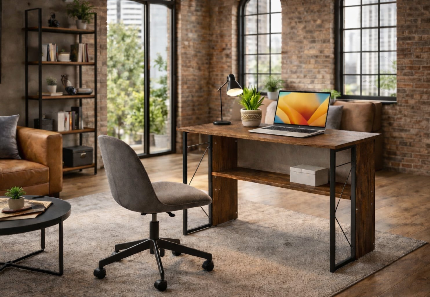 Scrivania per Computer Scrittoio Salvaspazio in Stile Industriale con Struttura Acciaio e Legno Marrone - Techly ICA-TB-3524C