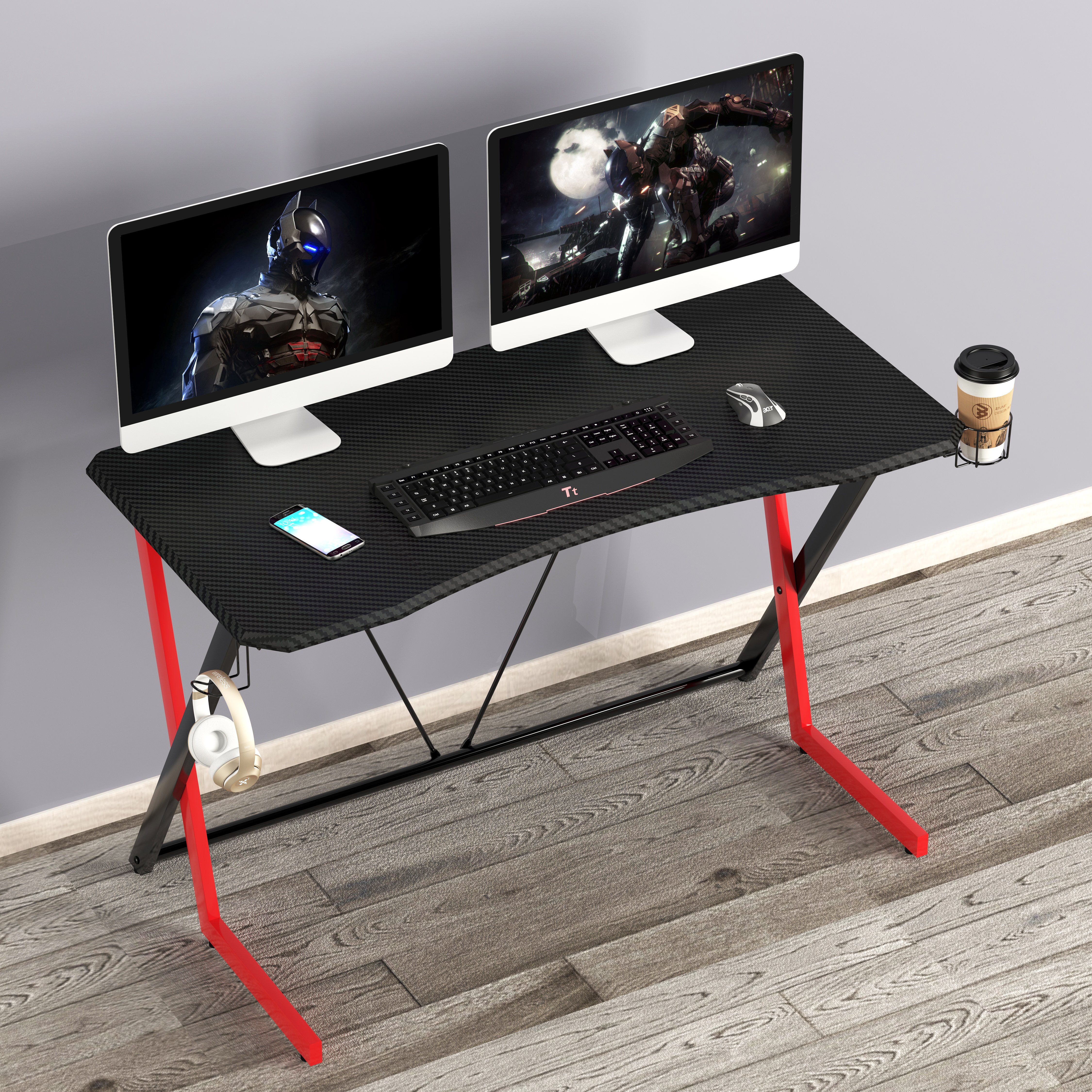 Ergonomic Gaming desk with glass and headphone holder - Techly ICA-TB-G 003