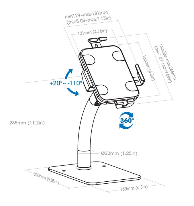 Supporto da Banco Antifurto per Tablet 7,9-11" con Rotazione 360° - Manhattan ICA-TBL-352