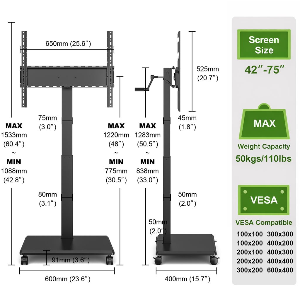 Supporto da Pavimento per TV da 42'' a 75'' con Regolazione Orizzontale o Verticale Nero - Techly ICA-TR101B