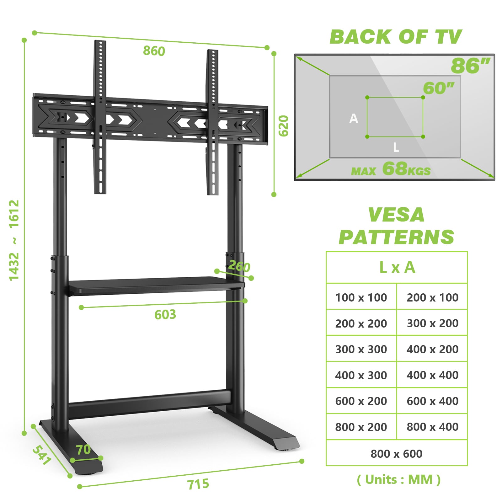 Supporto a Pavimento per TV LCD/LED/Plasma 60-86'' Multifunzione - Techly ICA-TR130BK