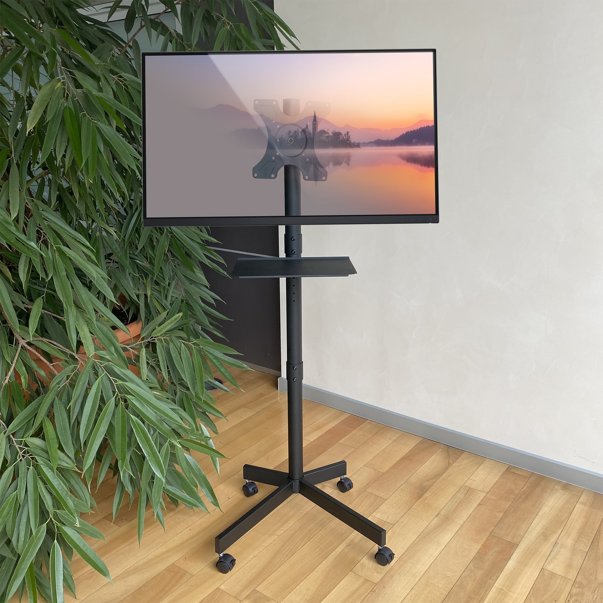 Supporto a Pavimento per TV con Mensola e Base Compatta Salva Spazio - Techly ICA-TR201