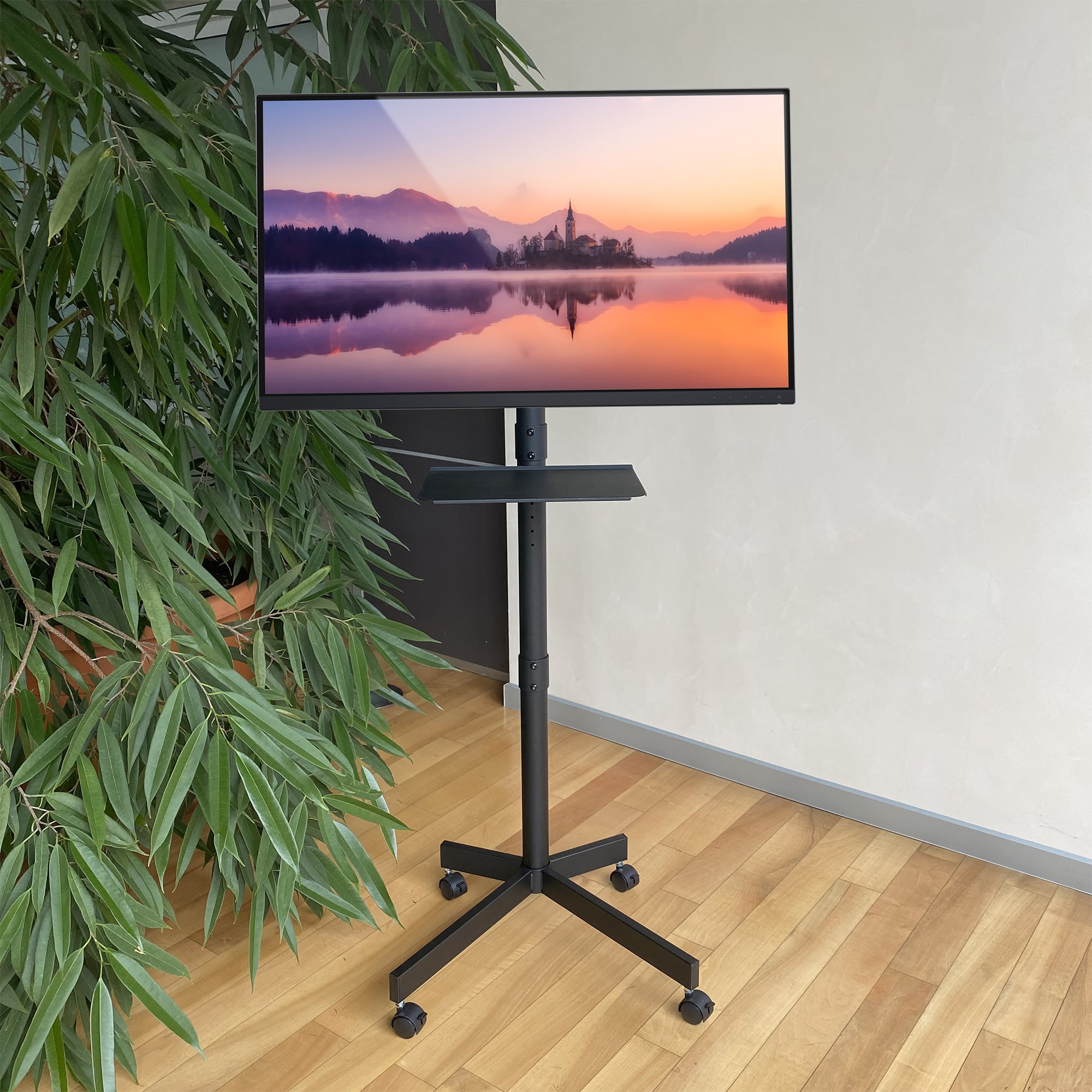 Supporto a Pavimento per TV con Mensola e Base Compatta Salva Spazio - Techly ICA-TR201