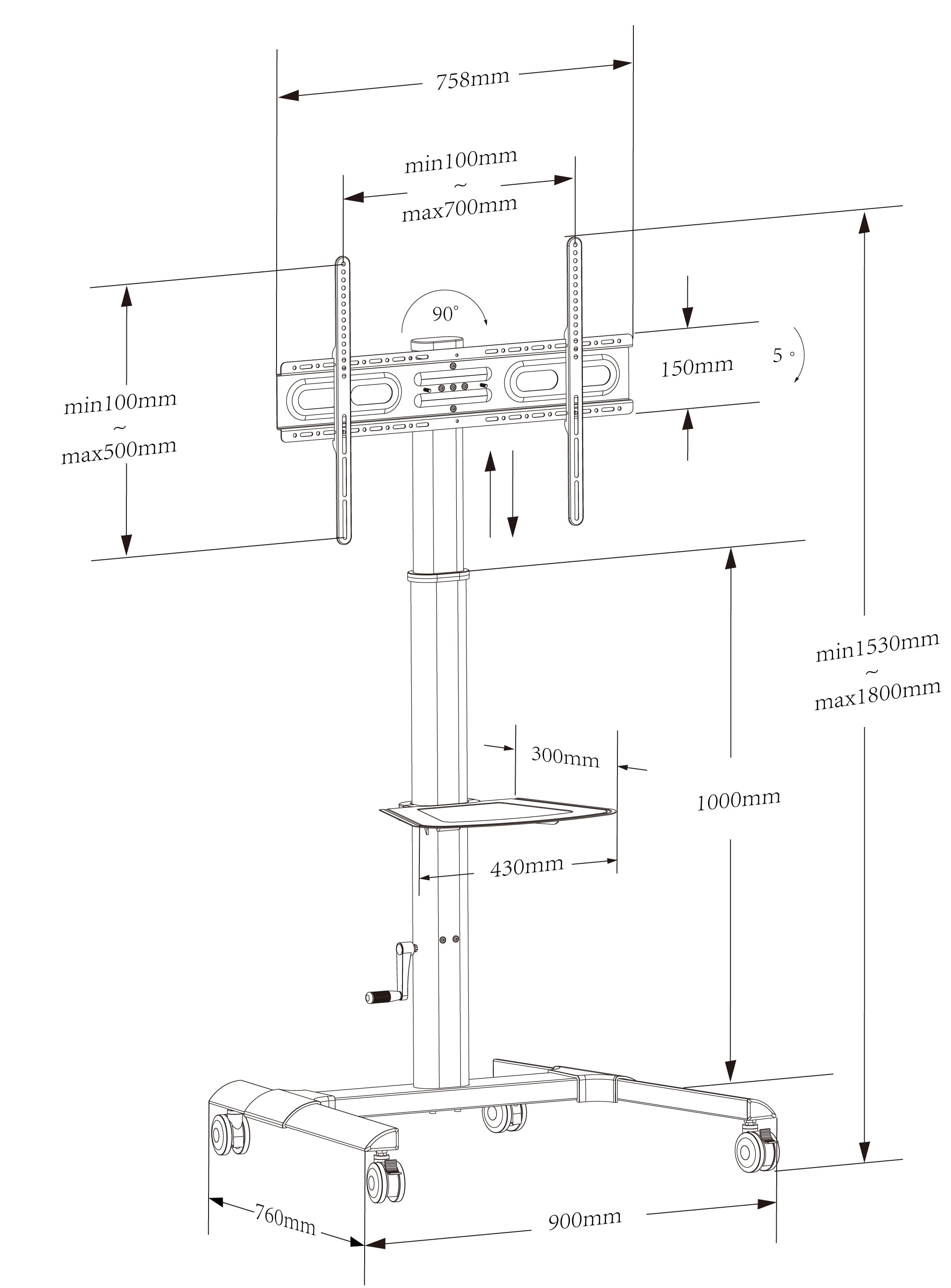 Trolley da Pavimento con Mensola per TV LCD/LED/Plasma 32-70'' - Techly ICA-TR228