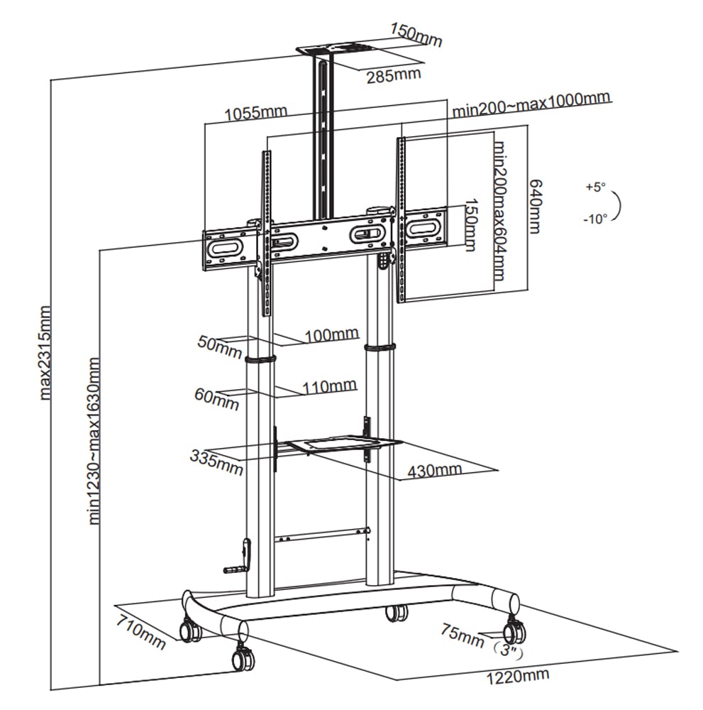 Supporto a pavimento per TV con regolazione manuale altezza, in acciaio, per TV da 60'' a 100'' - Techly ICA-TR36