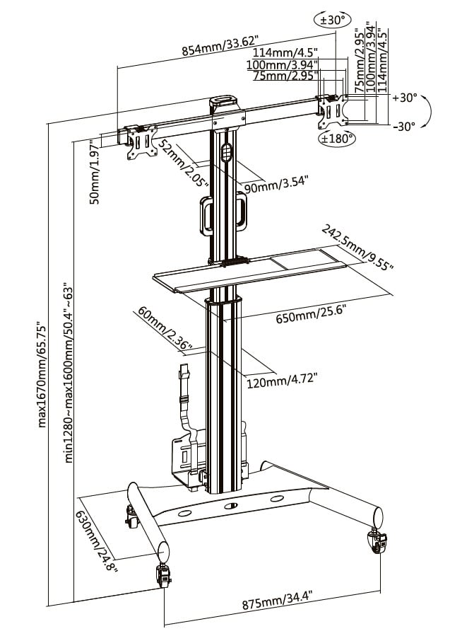 Floor Trolley for 2 TV 13 - 32 " with shelf and PC holder - Techly ICA-TR 42