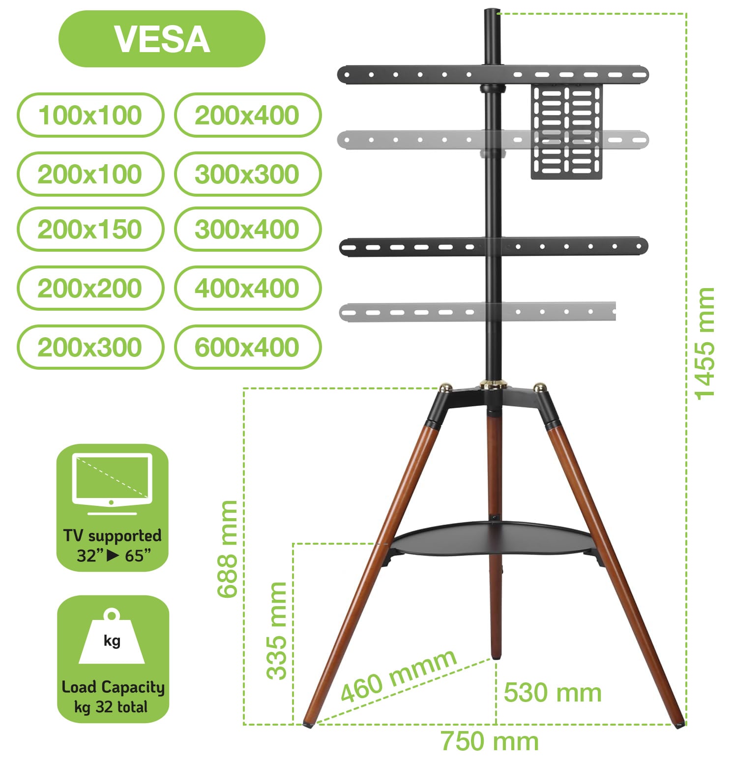 Supporto a Pavimento Cavalletto Tripod per TV LCD/LED/Plasma 32-65'' con Mensola - Techly ICA-TR58