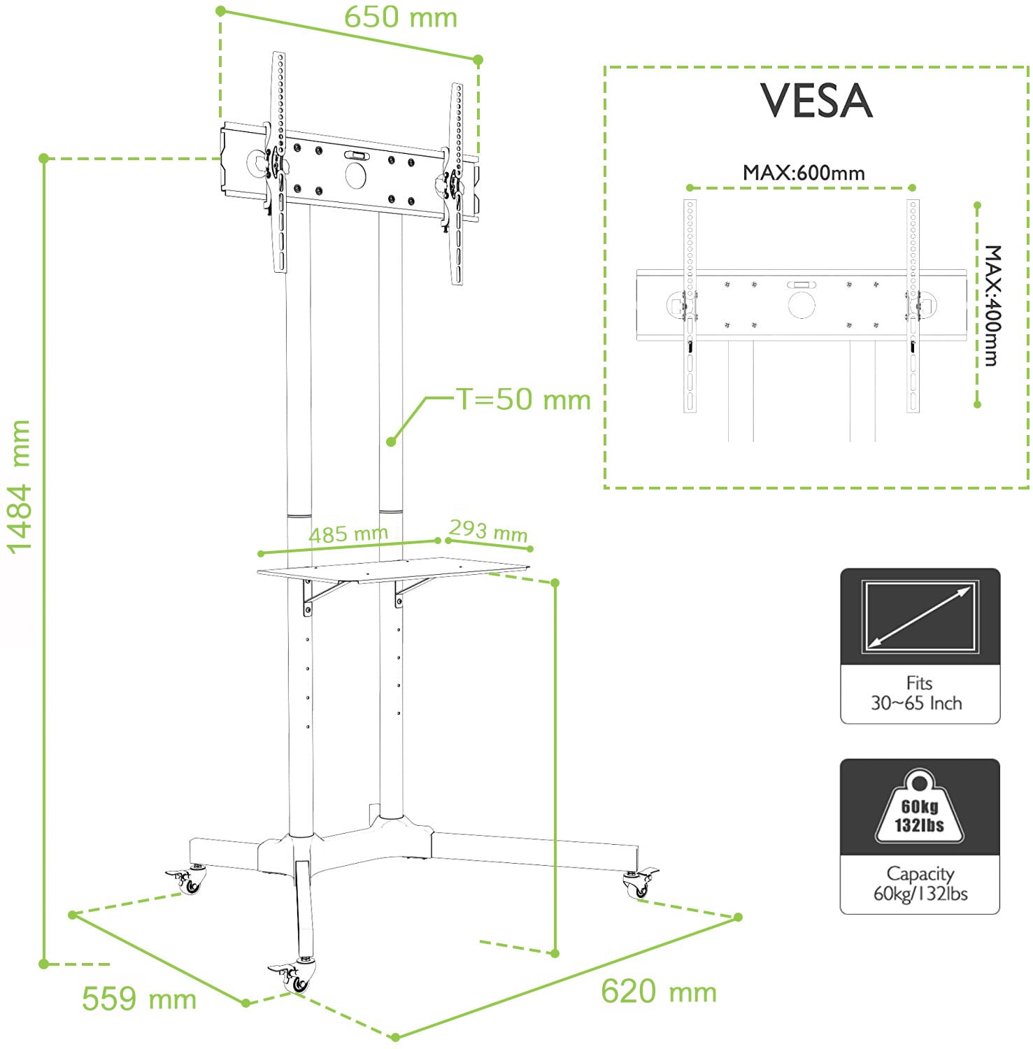Carrello Supporto Pavimento Porta TV LCD/LED/Plasma 30''-65'' Mensola - Techly ICA-TR6