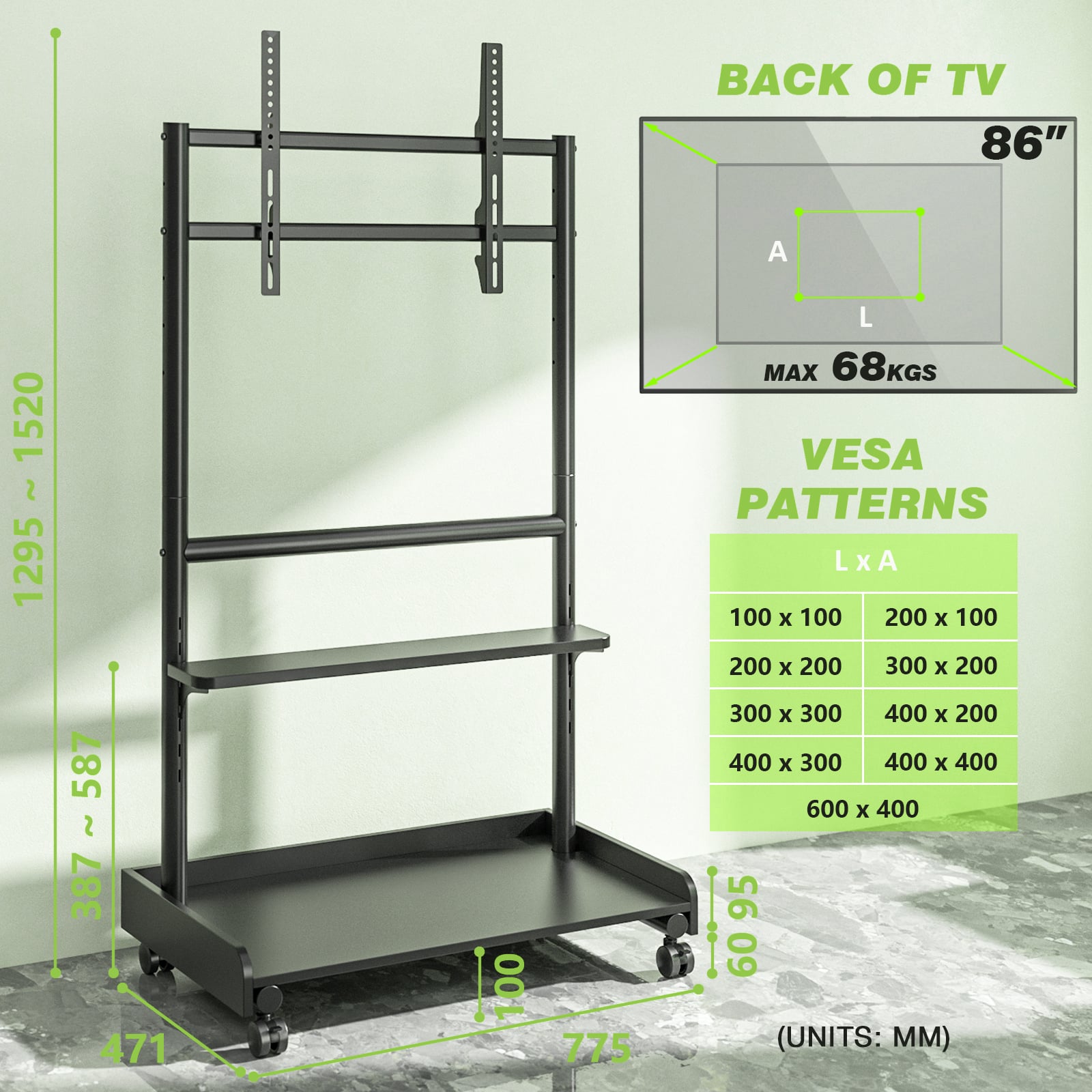 Supporto a Pavimento con Mensola per TV LCD/LED/Plasma 50-86'' - Techly ICA-TR701