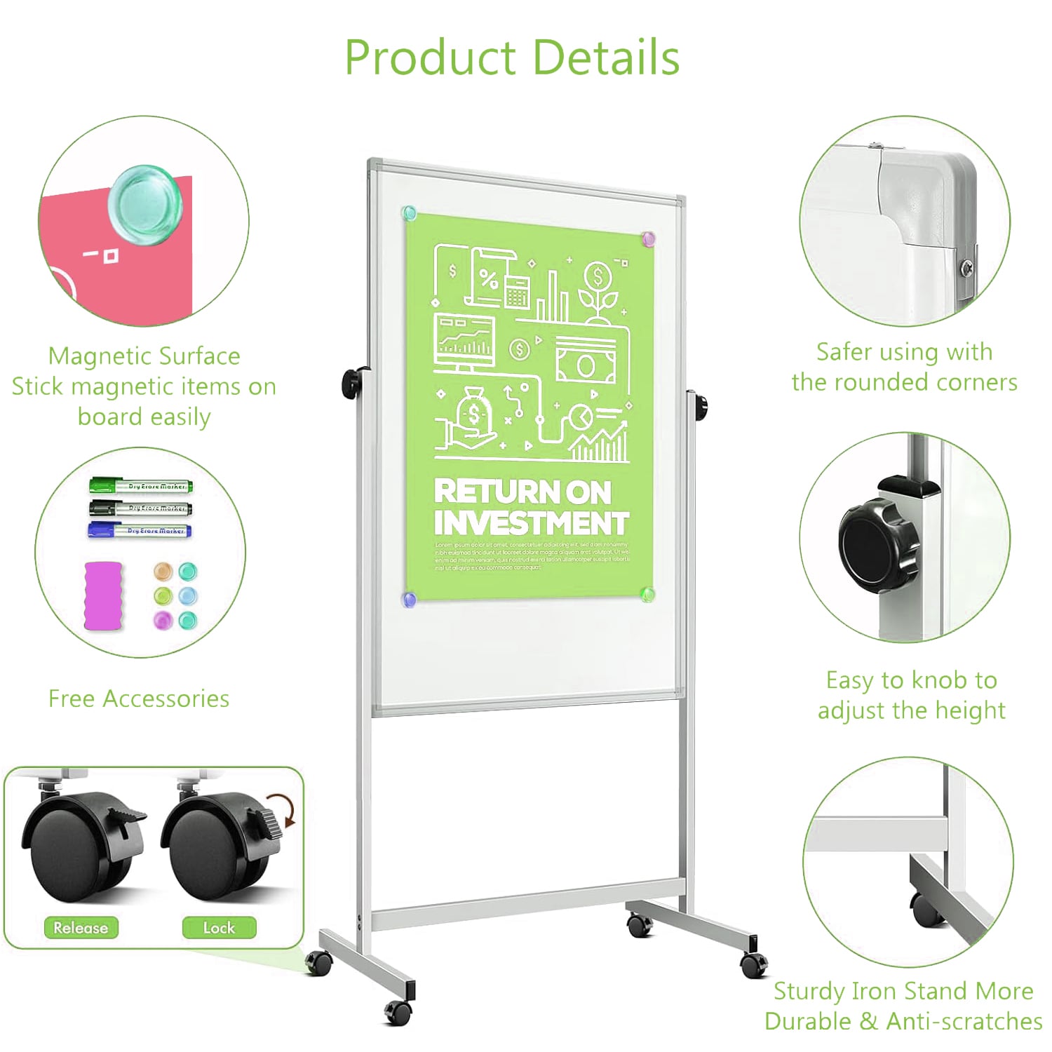 Magnetic Board 80 x 120 cm with Wheels and Adjustable Height - Techly ICA-WH 12080 W