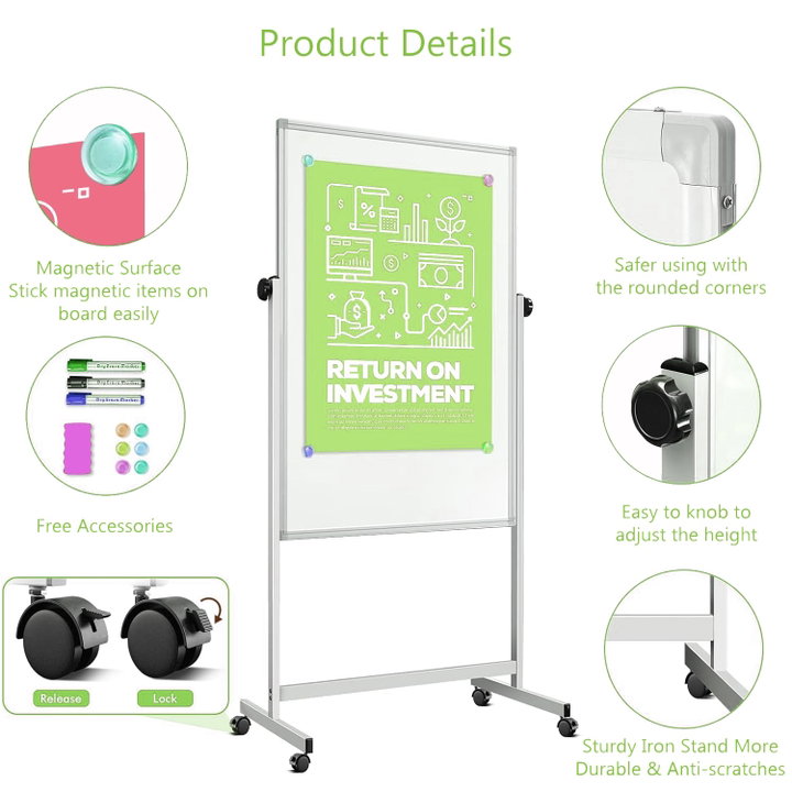 Magnetic Board 80 x 120 cm with Wheels and Adjustable Height - Techly ICA-WH 12080 W