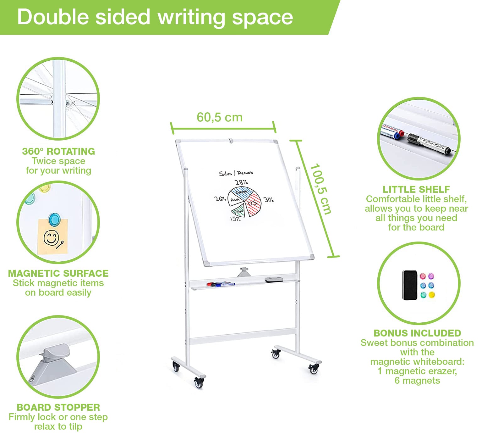 Magnetic Board 60 x 100 cm with Wheels - Techly ICA-WH 60100 W