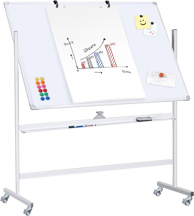 90 x 120 cm double-sided magnetic board with wheels and shelf for markers with lock hooks - Techly ICA-WH 90120 W