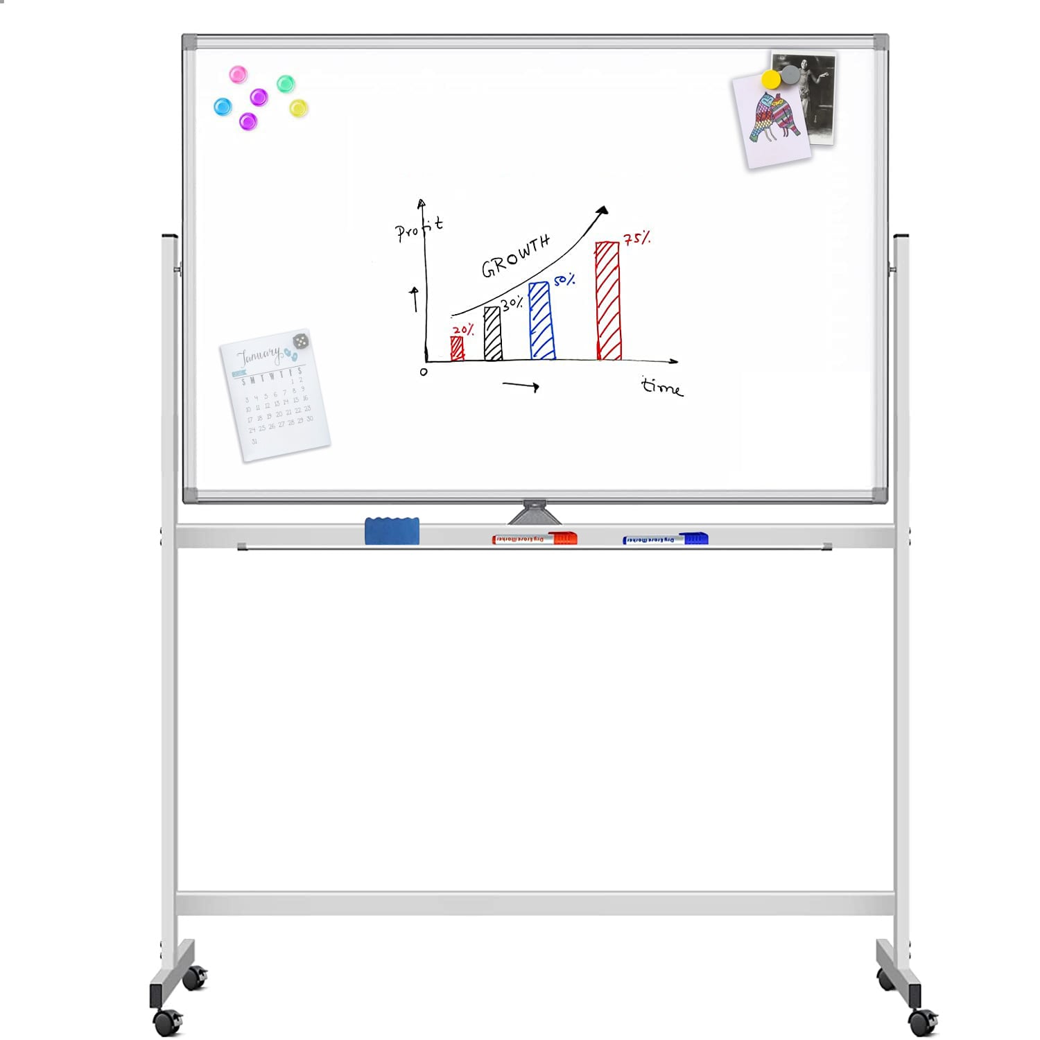 90 x 120 cm double-sided magnetic board with wheels and shelf for markers with lock hooks - Techly ICA-WH 90120 W