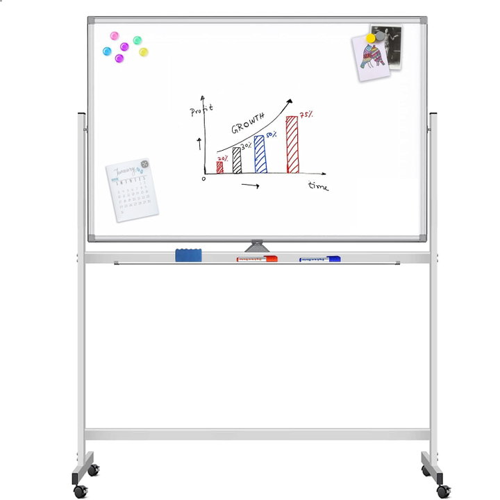 90 x 120 cm double-sided magnetic board with wheels and shelf for markers with lock hooks - Techly ICA-WH 90120 W