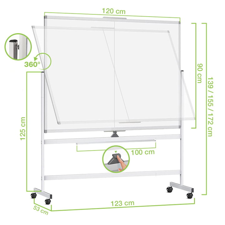 90 x 120 cm double-sided magnetic board with wheels and shelf for markers with lock hooks - Techly ICA-WH 90120 W