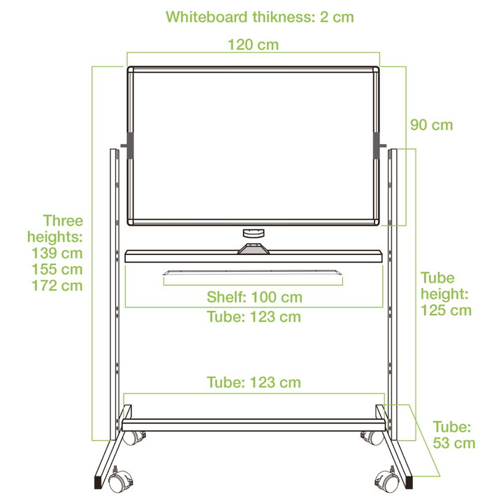 90 x 120 cm double-sided magnetic board with wheels and shelf for markers with lock hooks - Techly ICA-WH 90120 W