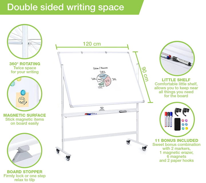 90 x 120 cm double-sided magnetic board with wheels and shelf for markers with lock hooks - Techly ICA-WH 90120 W