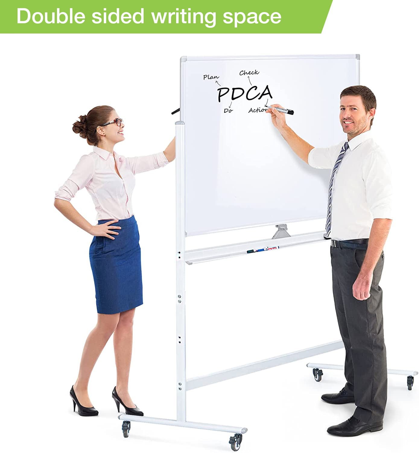 90 x 120 cm double-sided magnetic board with wheels and shelf for markers with lock hooks - Techly ICA-WH 90120 W