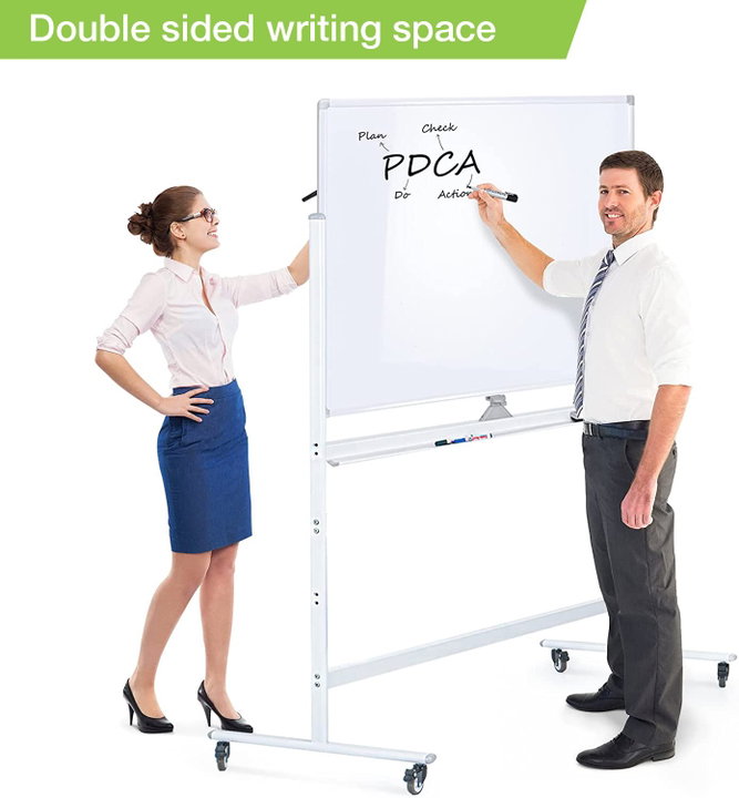 90 x 120 cm double-sided magnetic board with wheels and shelf for markers with lock hooks - Techly ICA-WH 90120 W