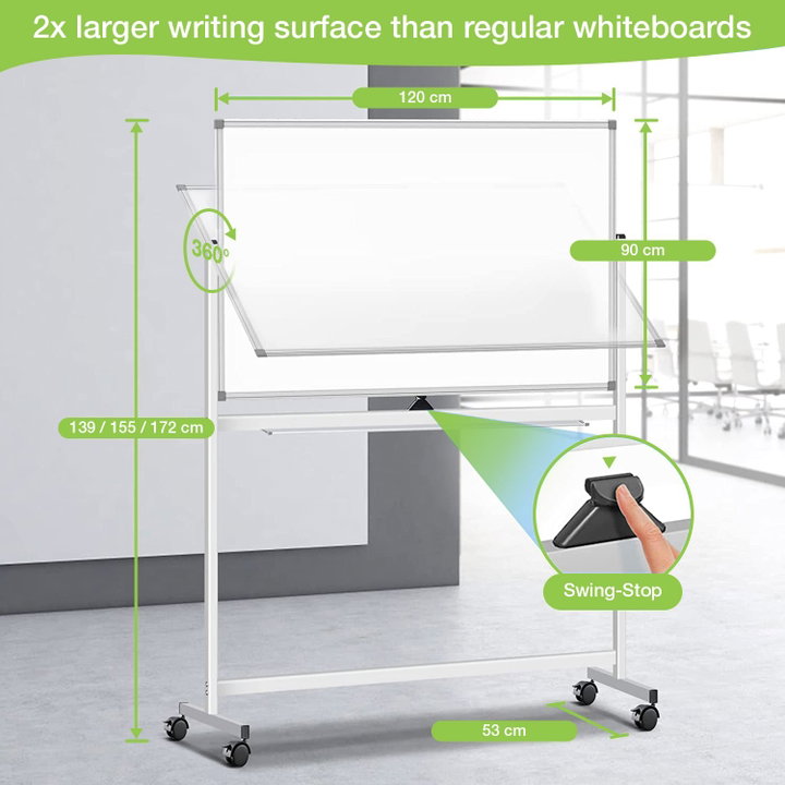 90 x 120 cm double-sided magnetic board with wheels and shelf for markers with lock hooks - Techly ICA-WH 90120 W