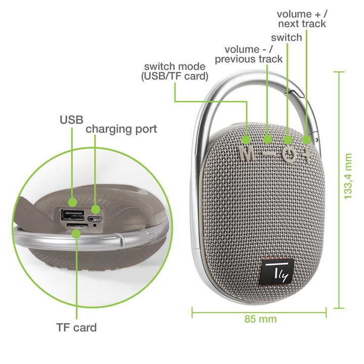 Mini Altoparlante Wireless BT V5.3 Speaker con Luci LED Vivavoce TF USB Grigio - Techly ICASBL321GR
