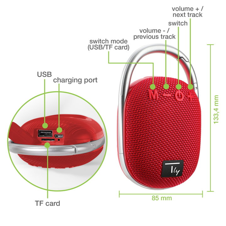 Mini Altoparlante Wireless BT V5.3 Speaker con Luci LED Vivavoce TF USB Rosso - Techly ICASBL321RE