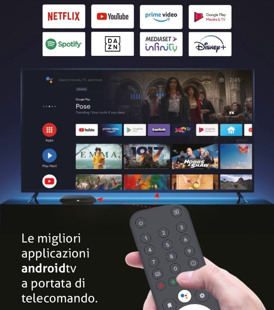 Decoder Smart AndroidTV BoxQ Google 4K Dolby con Dongle DVBT2 - ICAU-DPATV2