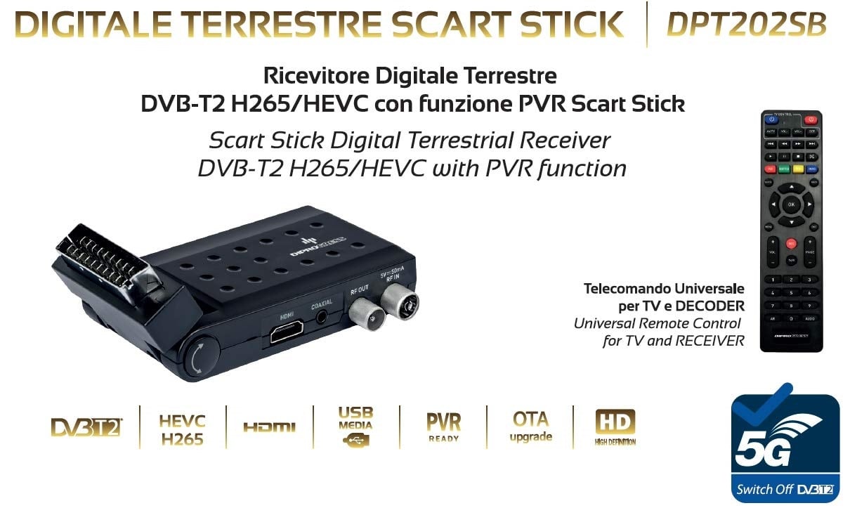 Ricevitore Digitale Terrestre DVB-T2 H265/HEVC - ICAU-DPT202SB
