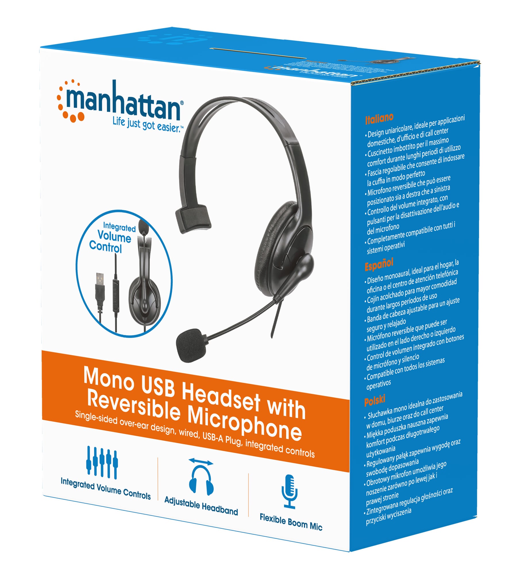 Cuffia Mono USB con Microfono Reversibile Cavo 2m - Manhattan ICC SH-849U