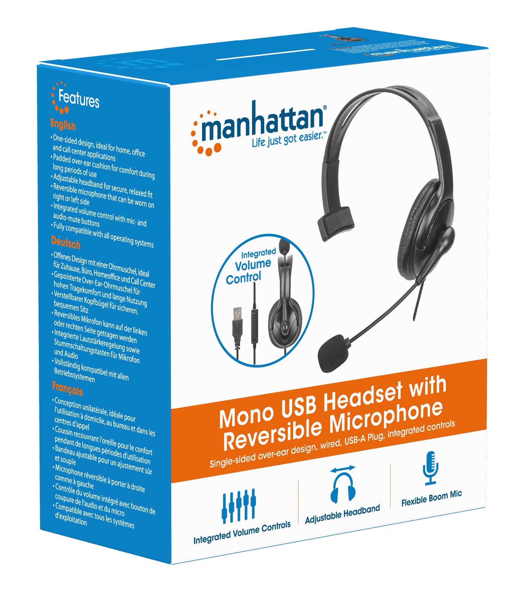 Cuffia Mono USB con Microfono Reversibile Cavo 2m - Manhattan ICC SH-849U