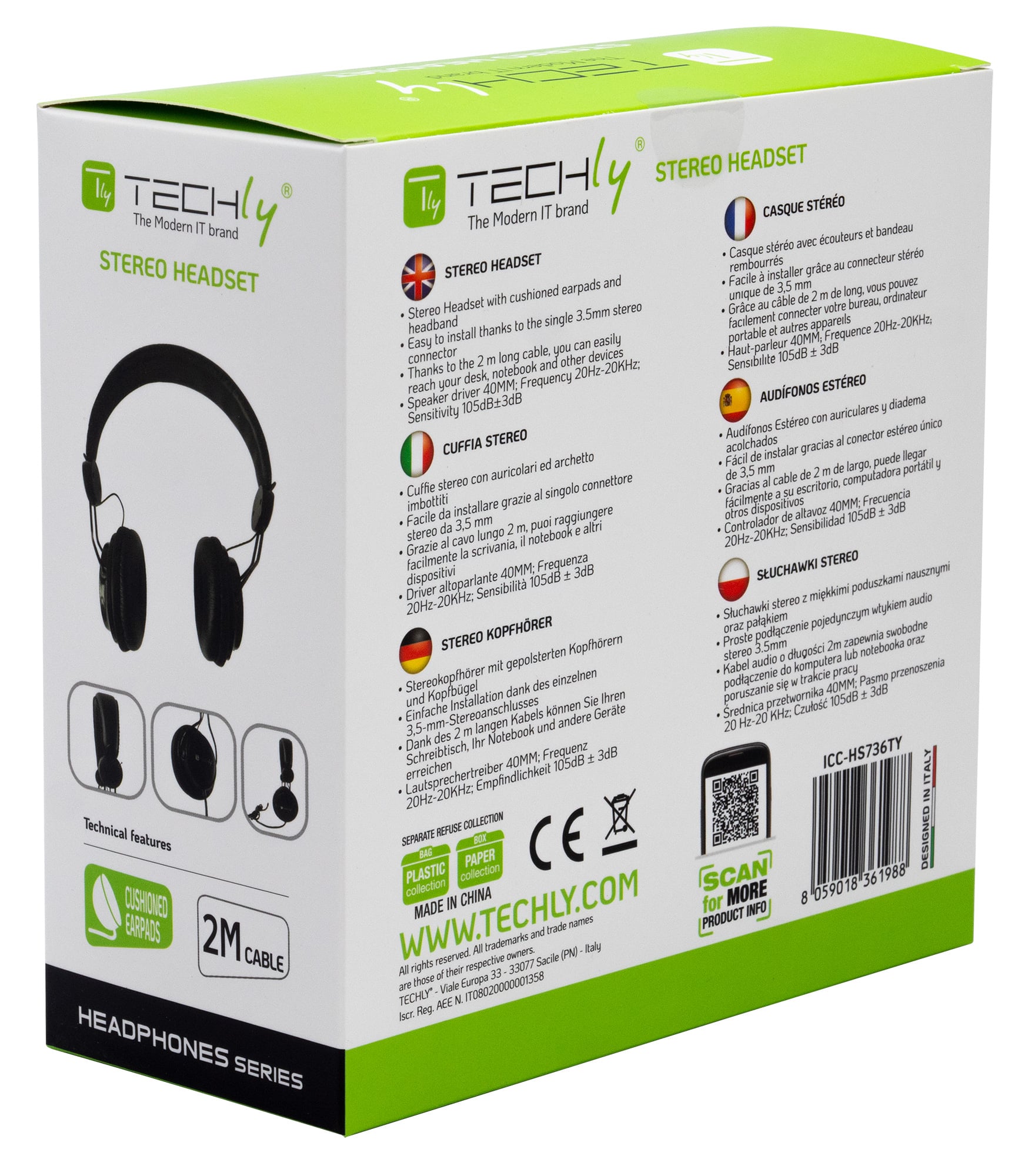 Cuffia Stereo con Auricolari ed Archetto Imbottiti - Techly ICC-HS736TY