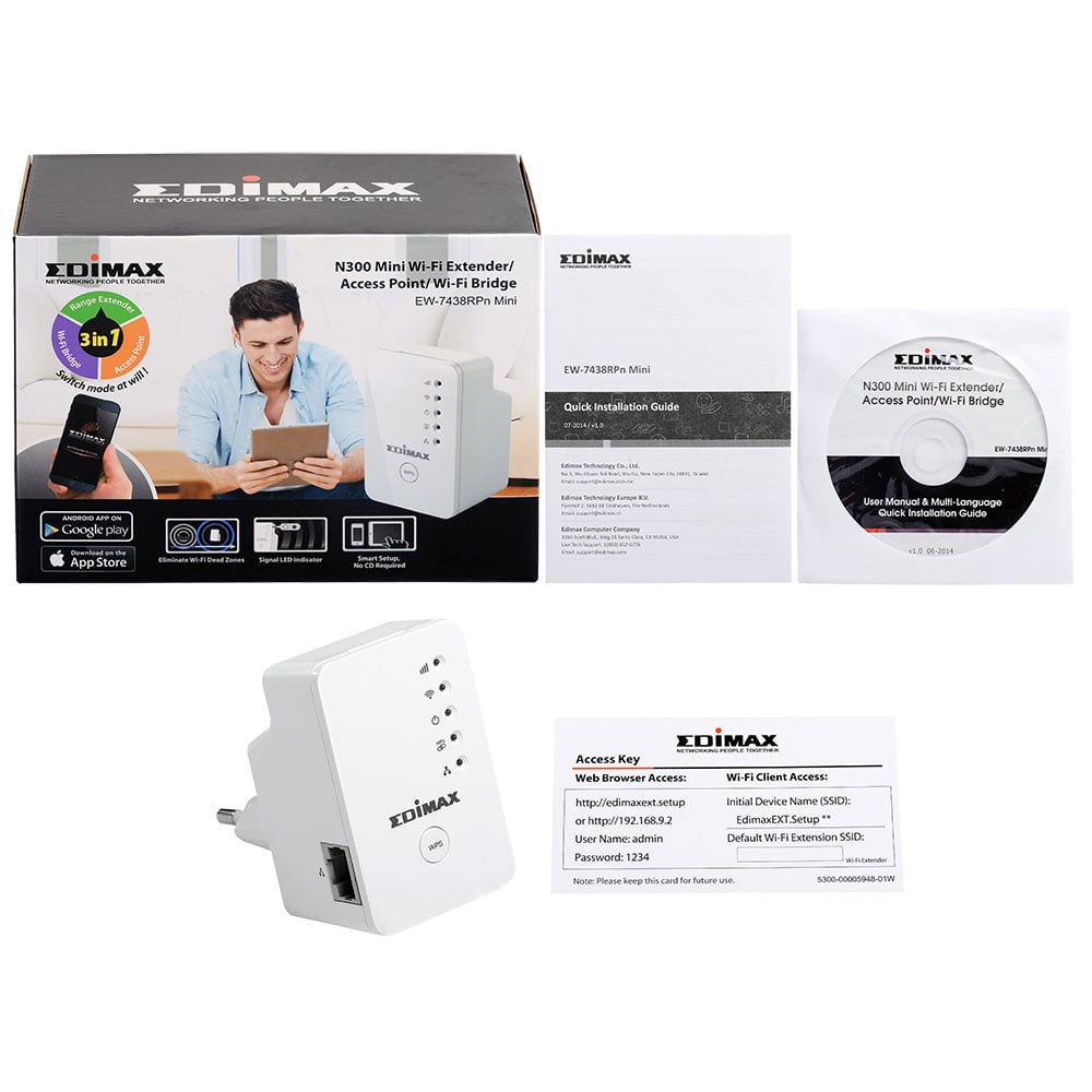 Mini Ripetitore Wireless da Muro 2,4GHz N300 Wi-Fi Access Point Bridge, EW-7438RPn Mini - Edimax ICE-EW7438MINI